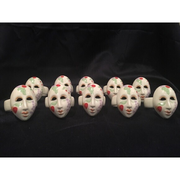 10 Ceramic AUDREY NAPKIN RING HOLDERS FACE MASK Floral‎ Marzi Gras - Picture 2 of 10